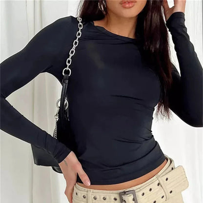 Autumn Winter Y2k Crop Women Long Sleeve T Shirt O Neck Slim Fit Pullovers