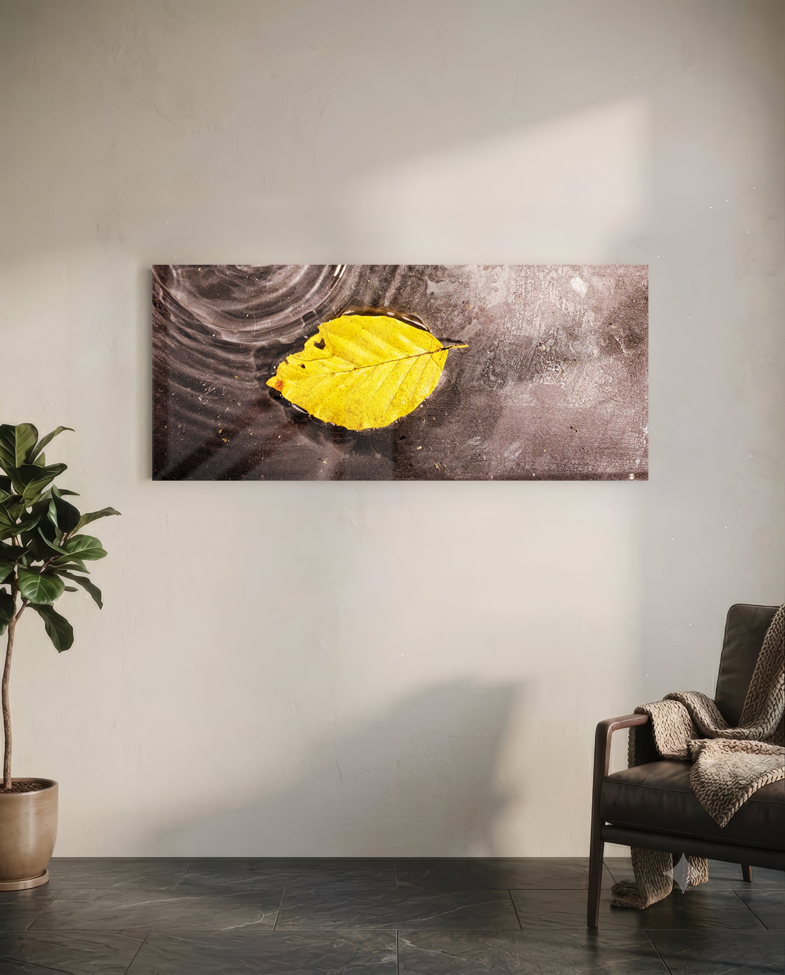 Yellow Leaf Glass Wall Art (36"x14")