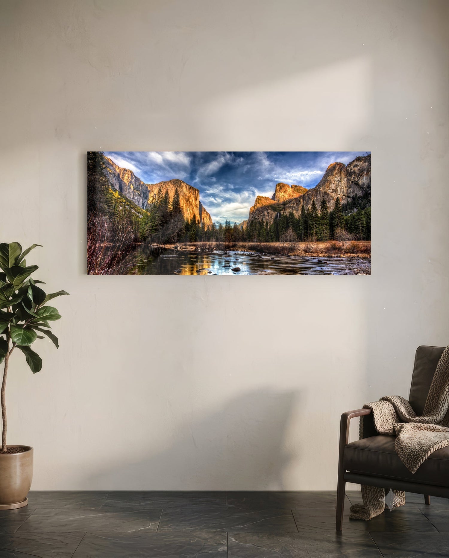 Golden Granite Cliffs River Valley Glass Wall Art