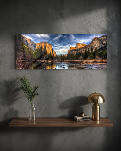 Golden Granite Cliffs River Valley Glass Wall Art