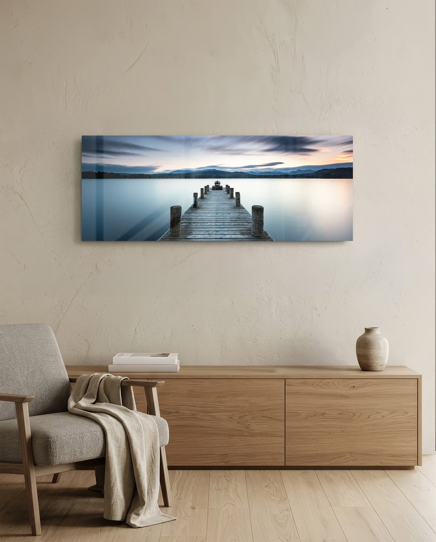 Blue Hour Lake Jetty Glass Wall Art