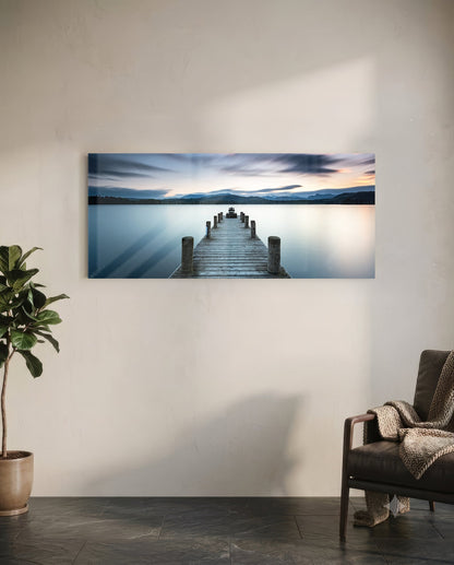 Blue Hour Lake Jetty Glass Wall Art