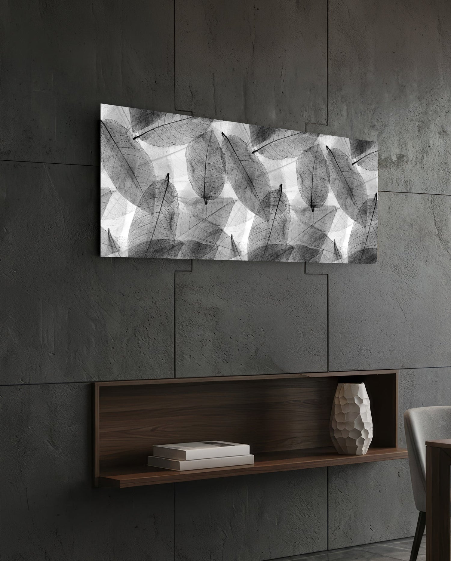 Black - White Leaves Glass Wall Art (36"x14")