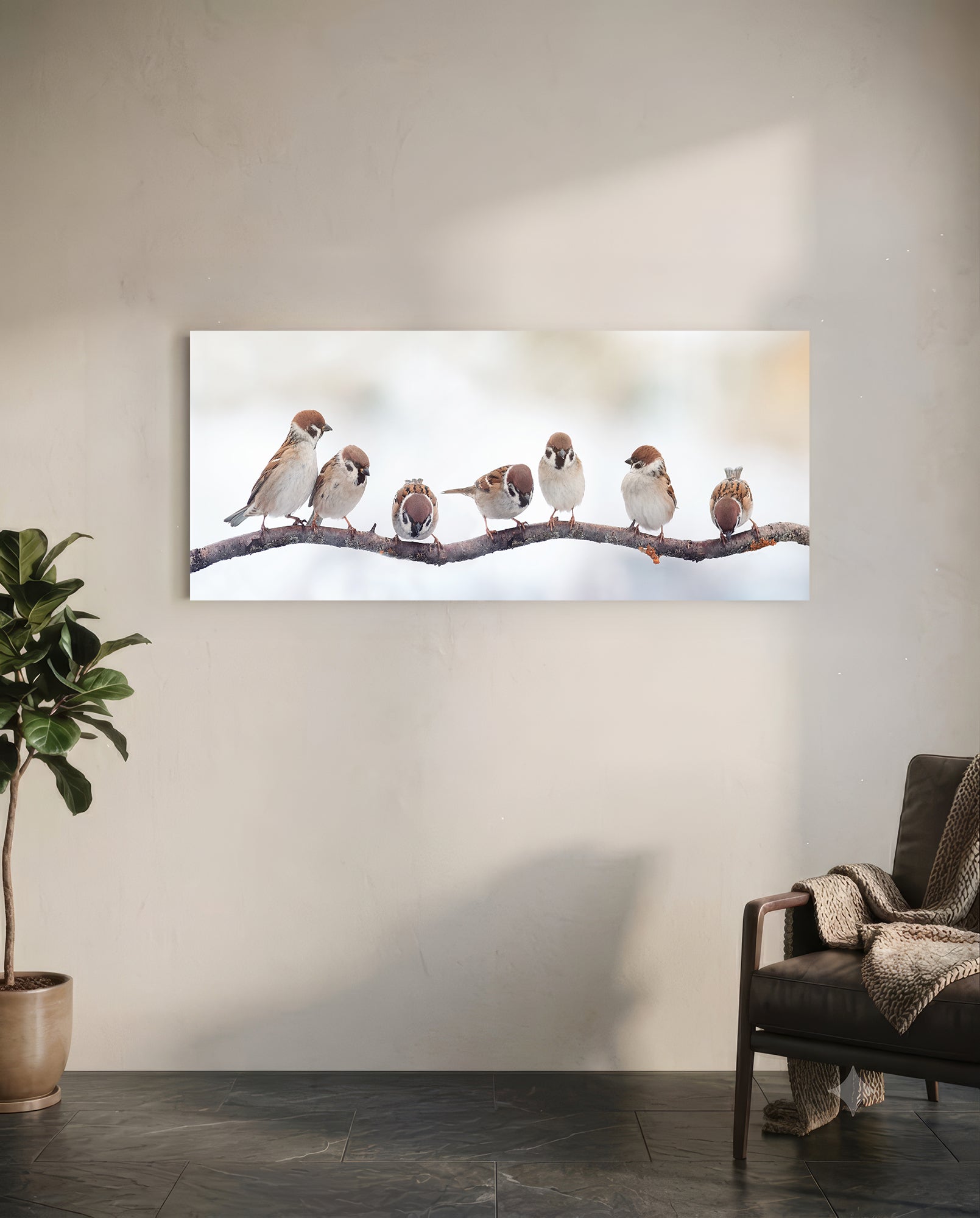 Seven Sparrows On A Bare Branch Glass Wall Art