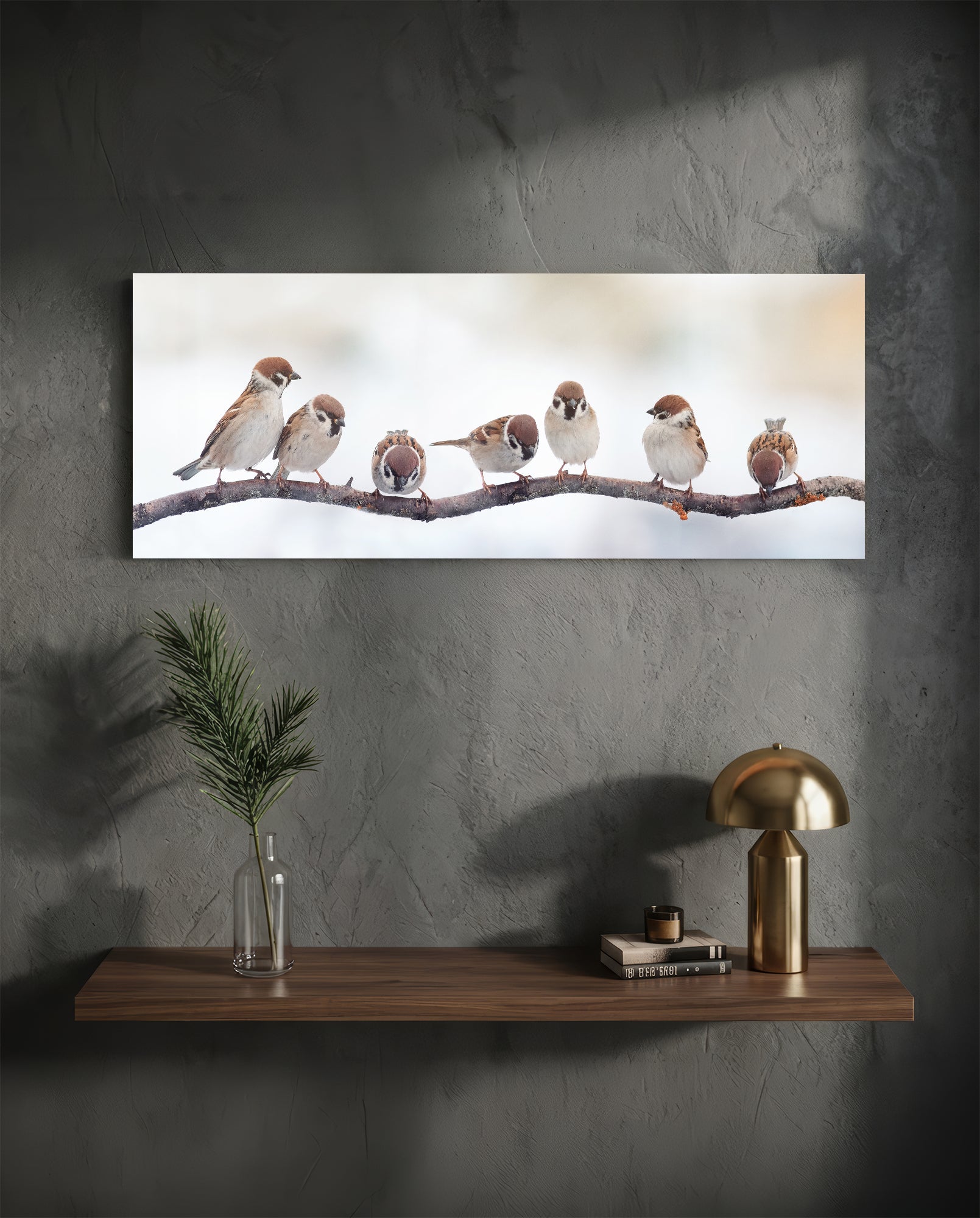 Seven Sparrows On A Bare Branch Glass Wall Art