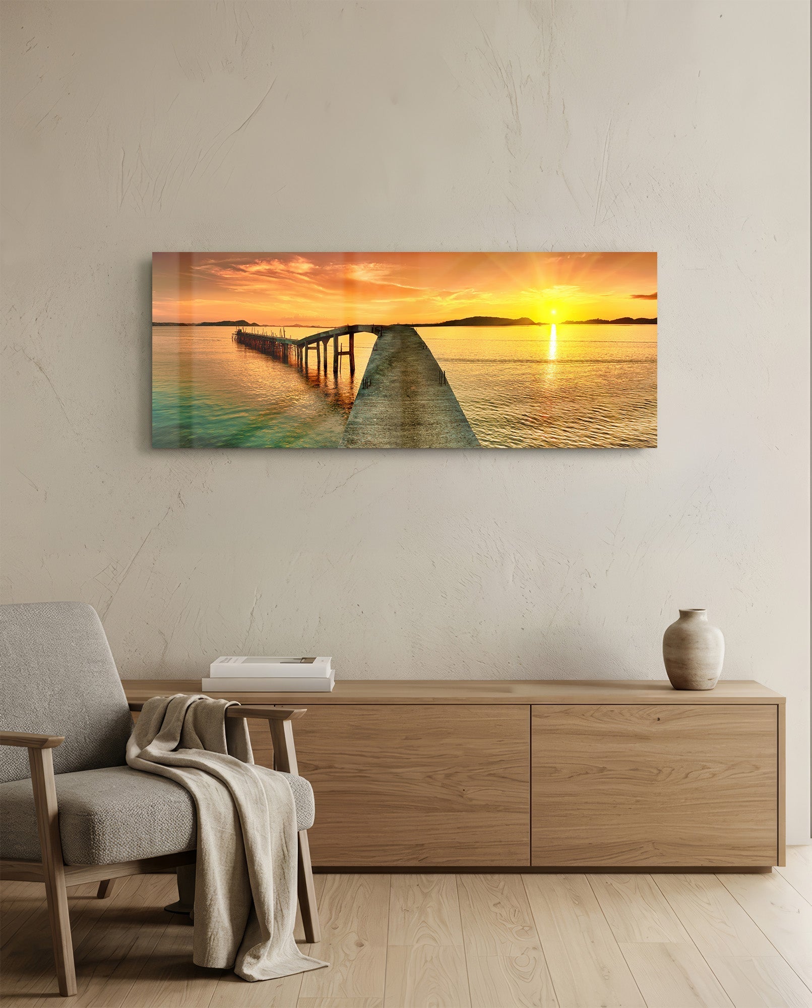 Golden Sunset Curved Pier Glass Wall Art