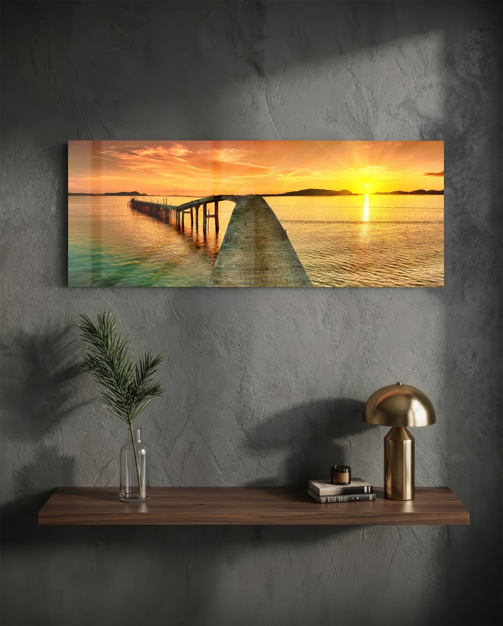Golden Sunset Curved Pier Glass Wall Art