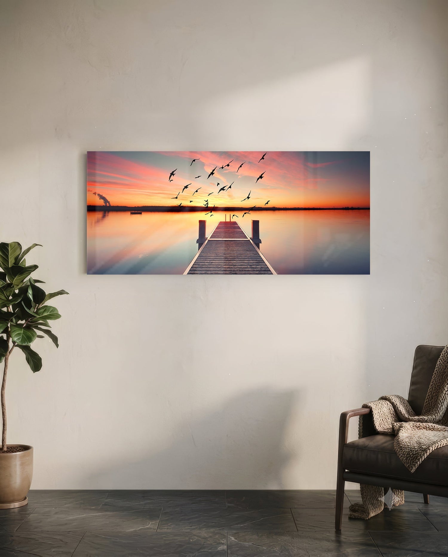 Flying Birds Sunset Pier Glass Wall Art