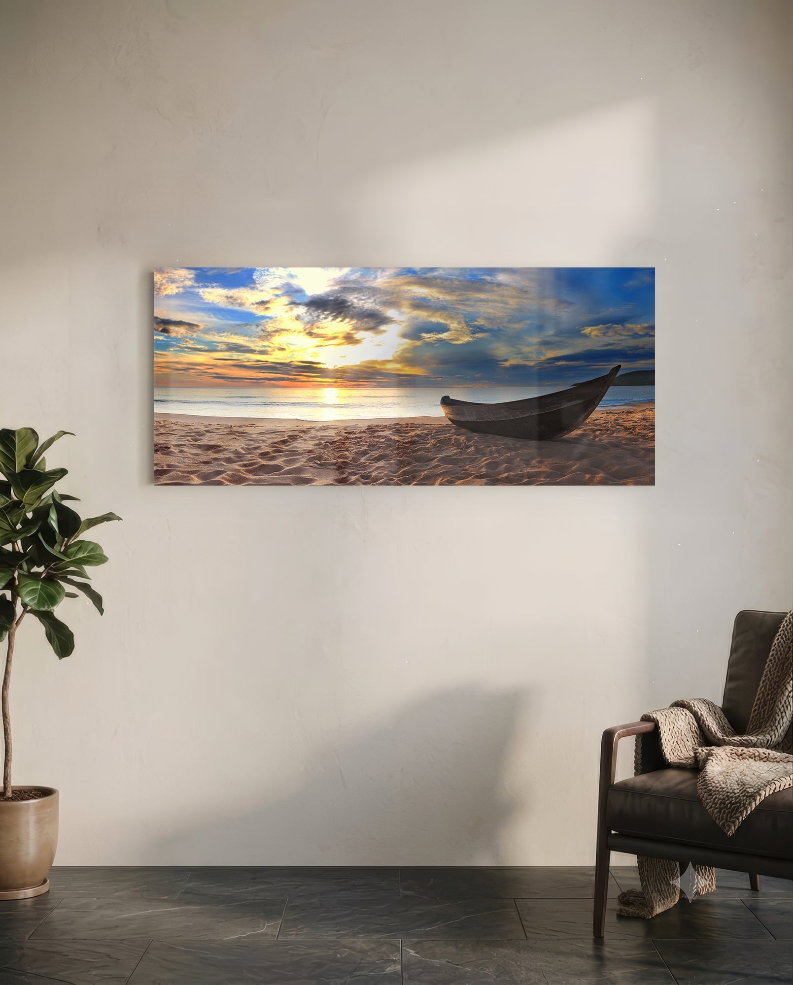 Wooden Boat Sunset Sandy Beach Glass Wall Art
