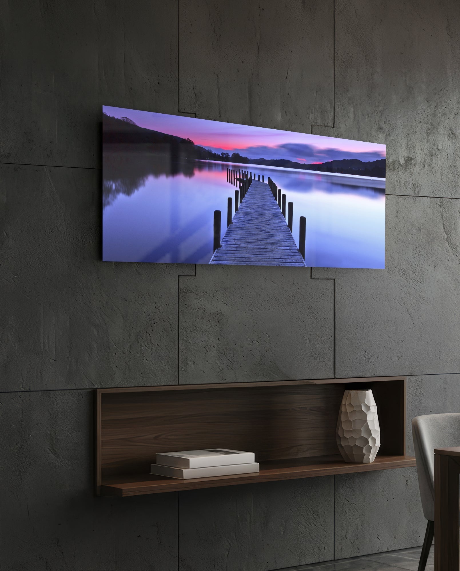 Purple Twilight Wooden Jetty Glass Wall Art
