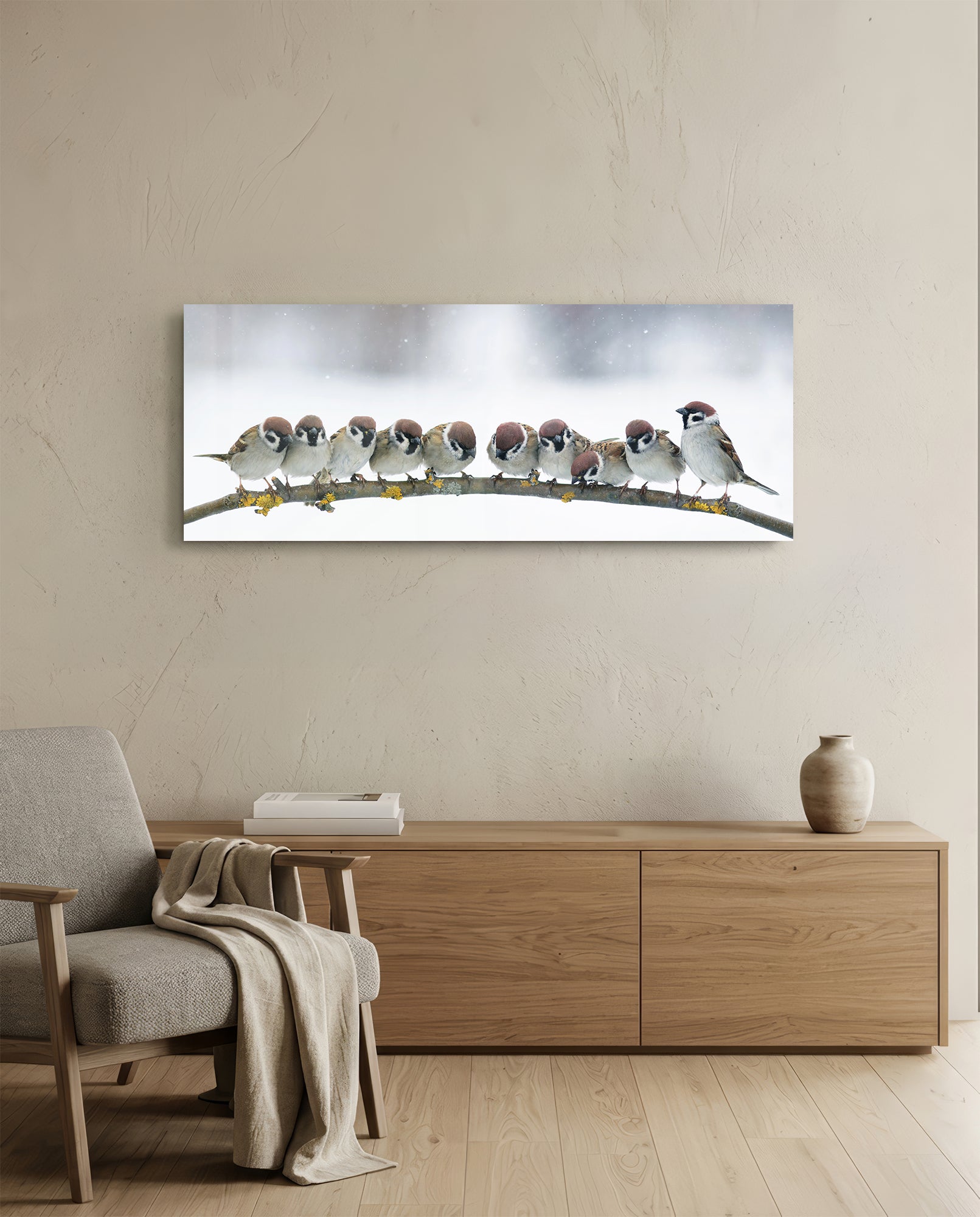 Snowy Sparrow Flock Lichen Branch Glass Wall Art