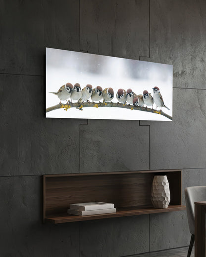 Snowy Sparrow Flock Lichen Branch Glass Wall Art