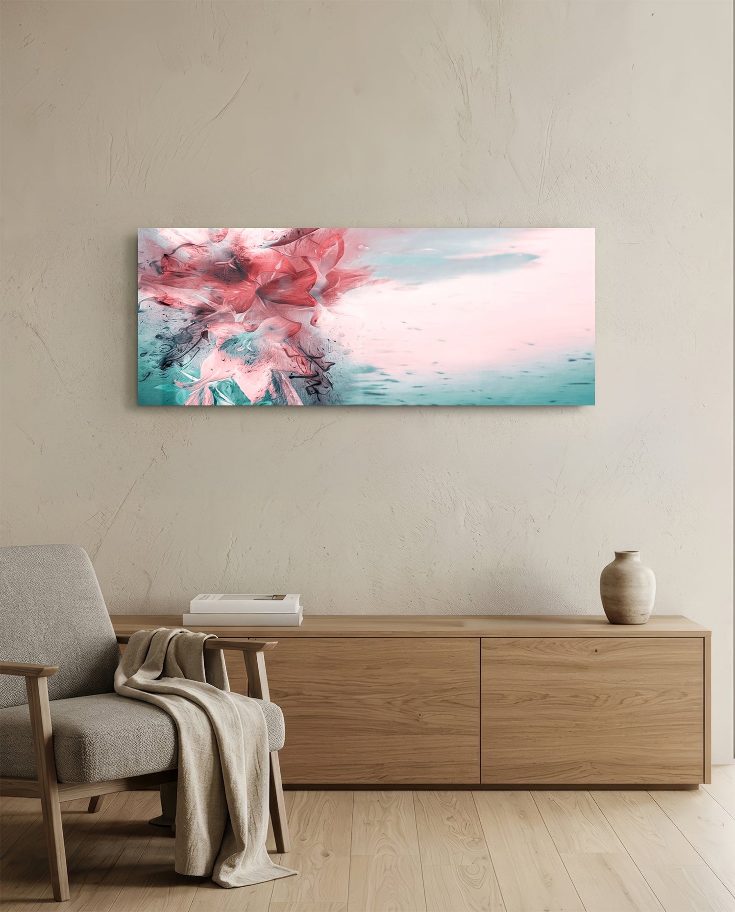 Coral And Teal Ink Burst Abstract Glass Wall Art