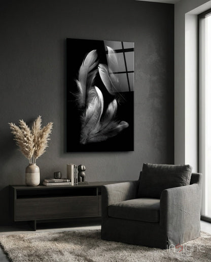Silver Feather Cluster Black Glass Wall Art