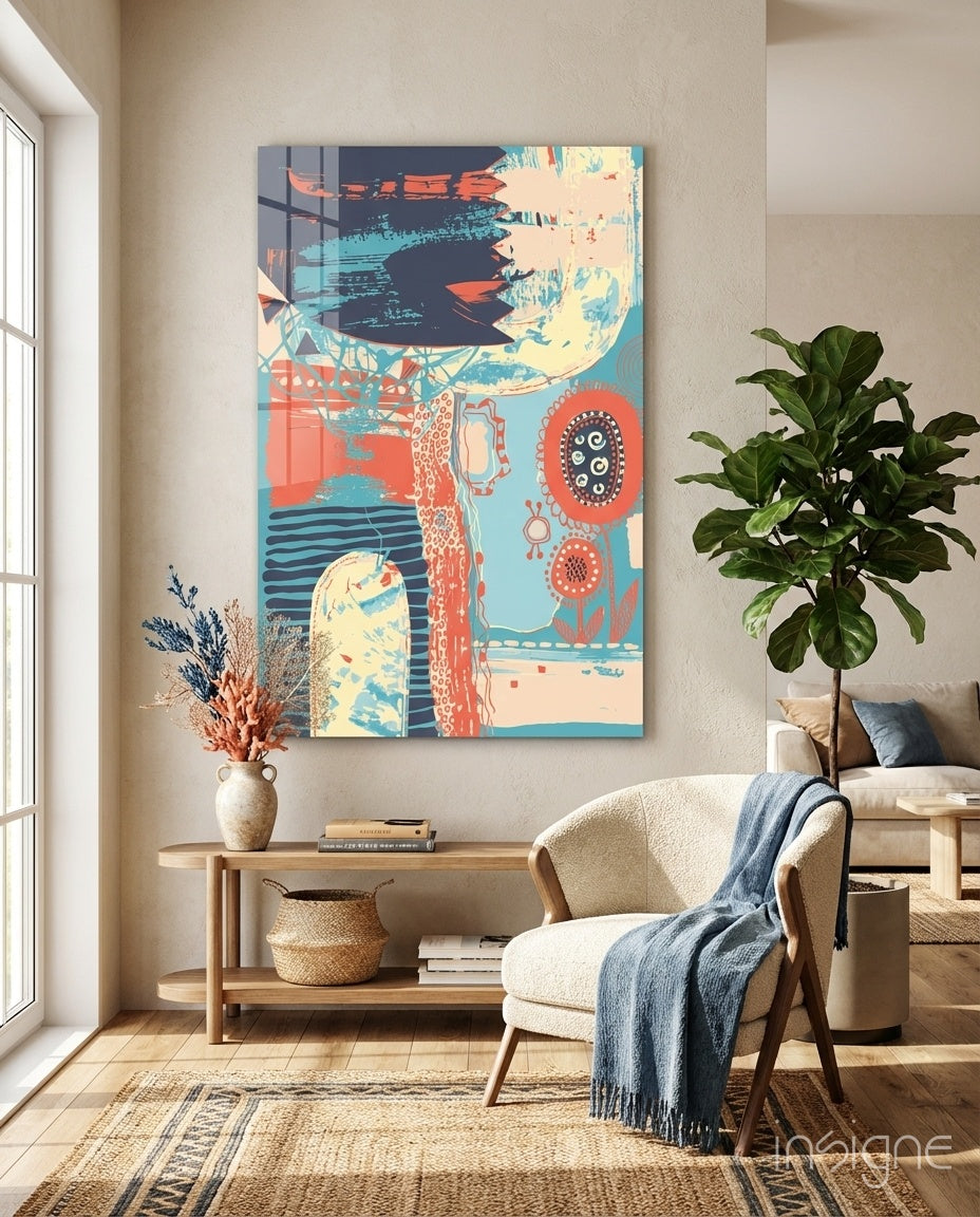 Folk Bloom Collage Glass Wall Art