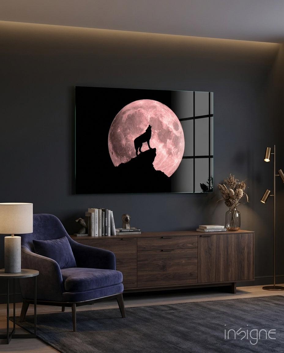 Wolf And Full Moon Glass Wall Art