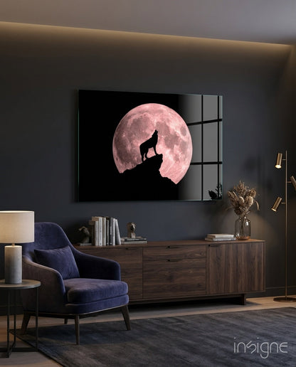Wolf And Full Moon Glass Wall Art