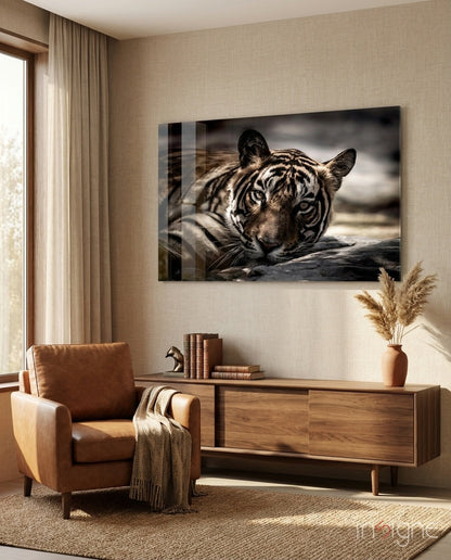 Resting Sepia Tiger Glass Wall Art