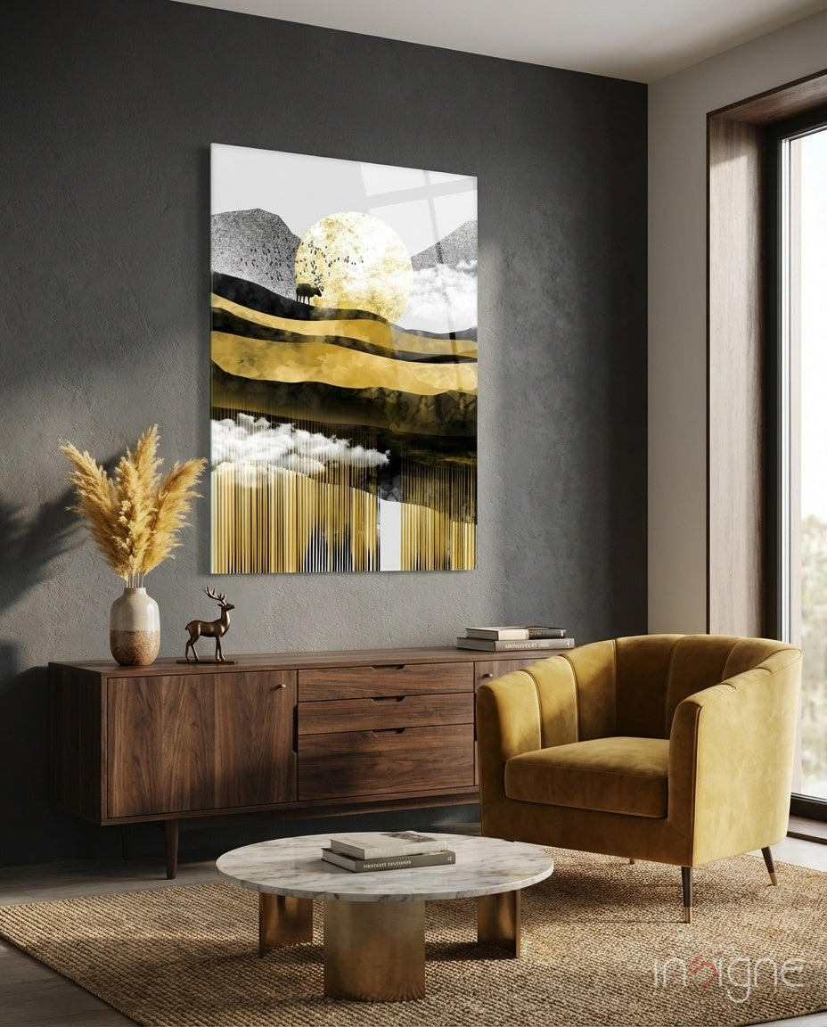 Golden Moon Mountain Landscape Glass Wall Art