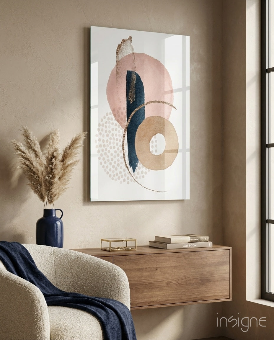 Blush Navy Gold Ring Dots Glass Wall Art