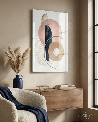 Blush Navy Gold Ring Dots Glass Wall Art