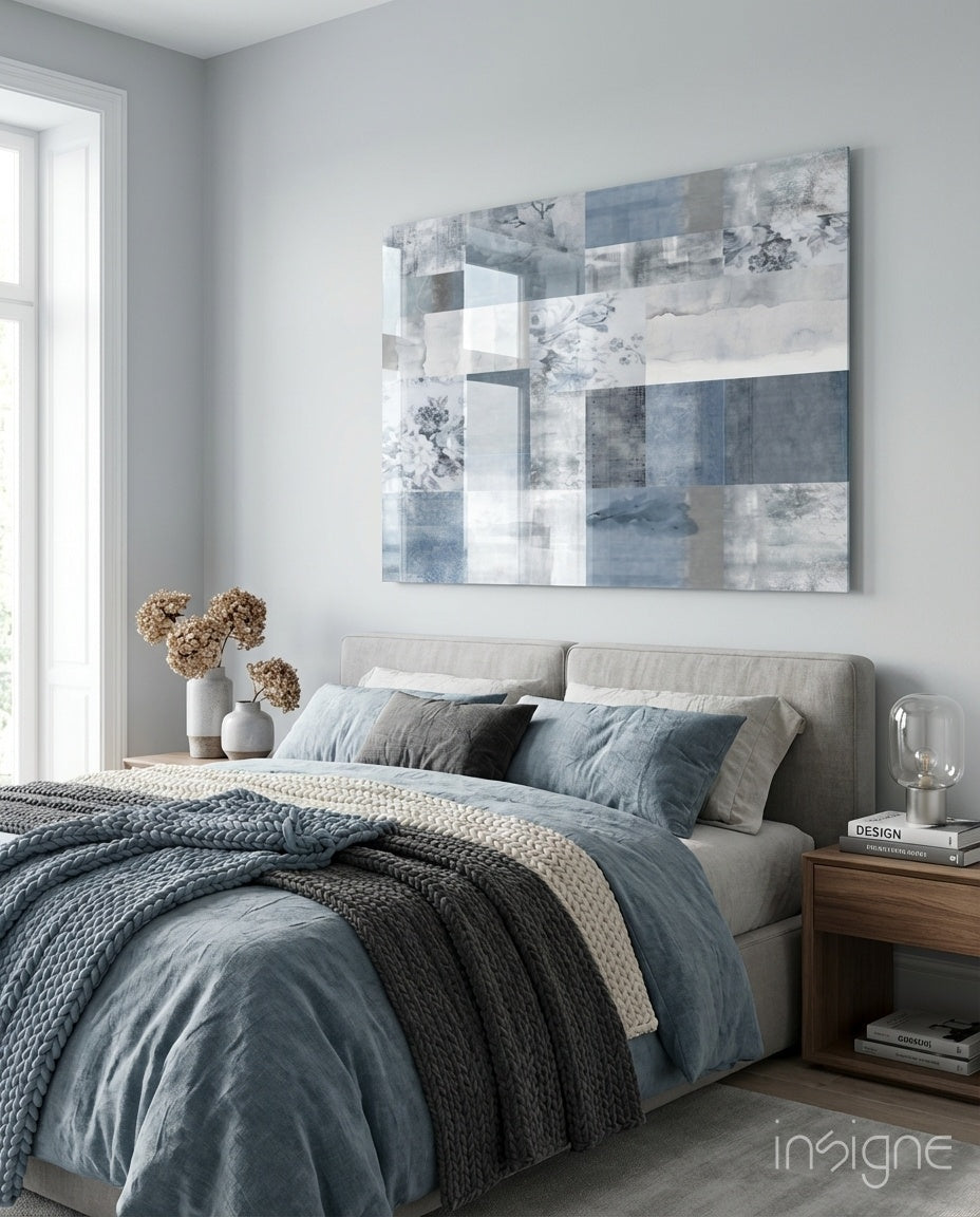 Blue Geometric Patchwork Glass Wall Art