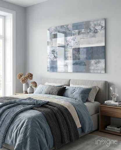 Blue Geometric Patchwork Glass Wall Art