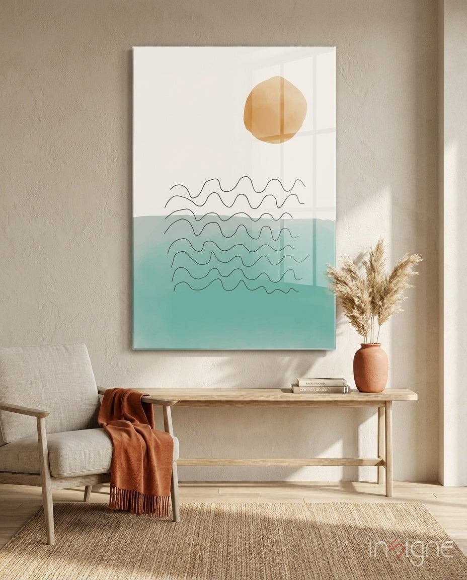 Ochre Sun Teal Ocean Waves Glass Wall Art