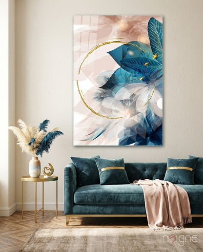 Gold Ring and Teal Feather Blooms Glass Wall Art