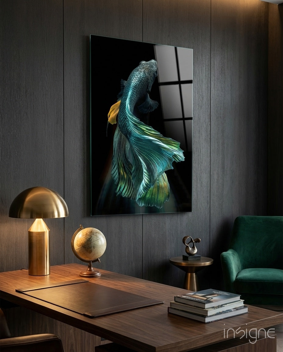 Teal and Gold Betta Fish on Black Glass Wall Art