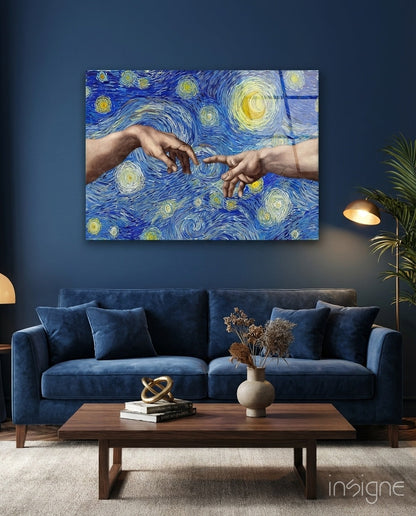 Hands of God and Adam in Van Gogh Style Glass Wall Art