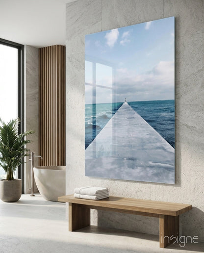 White Pier Turquoise Ocean Glass Wall Art