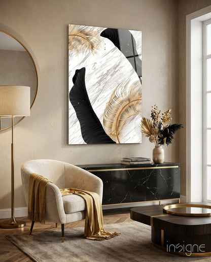Gold Feather Black Leaf Marble Glass Wall Art