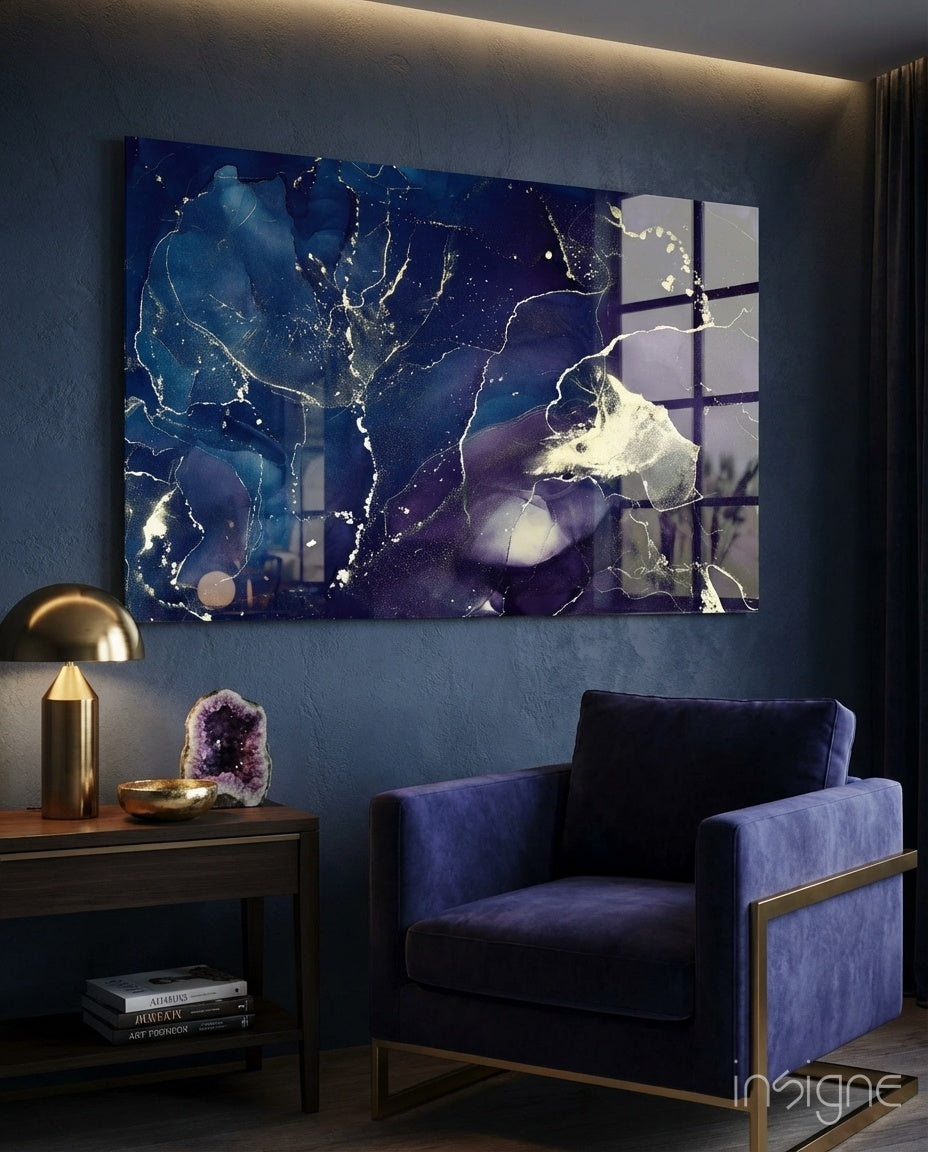 Midnight Navy Gold Ink Glass Wall Art