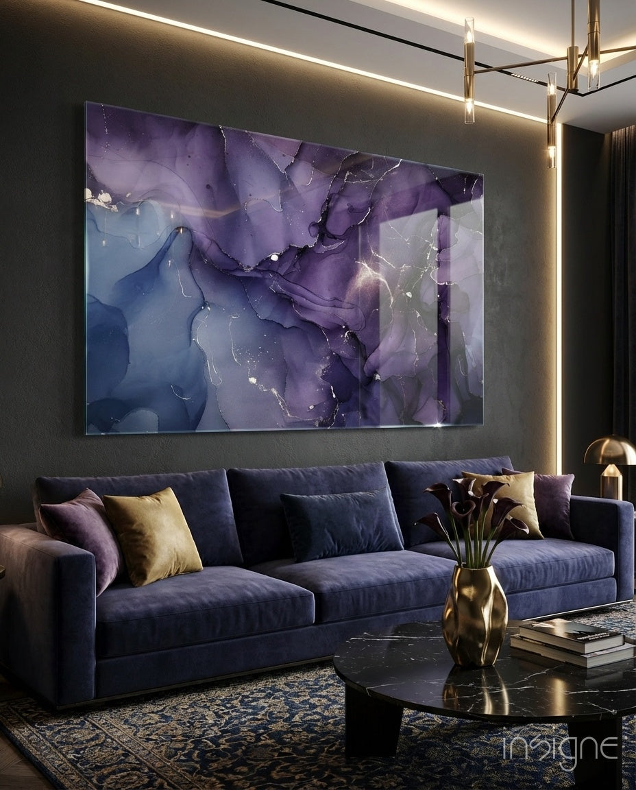 Purple Lavender Gold Ink Glass Wall Art