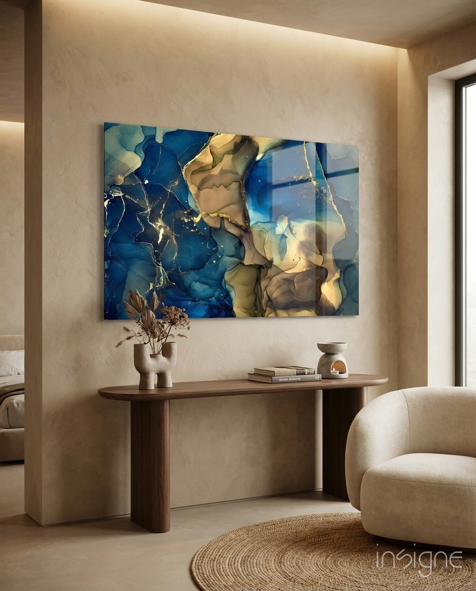 Blue Gold Ink Currents Glass Wall Art