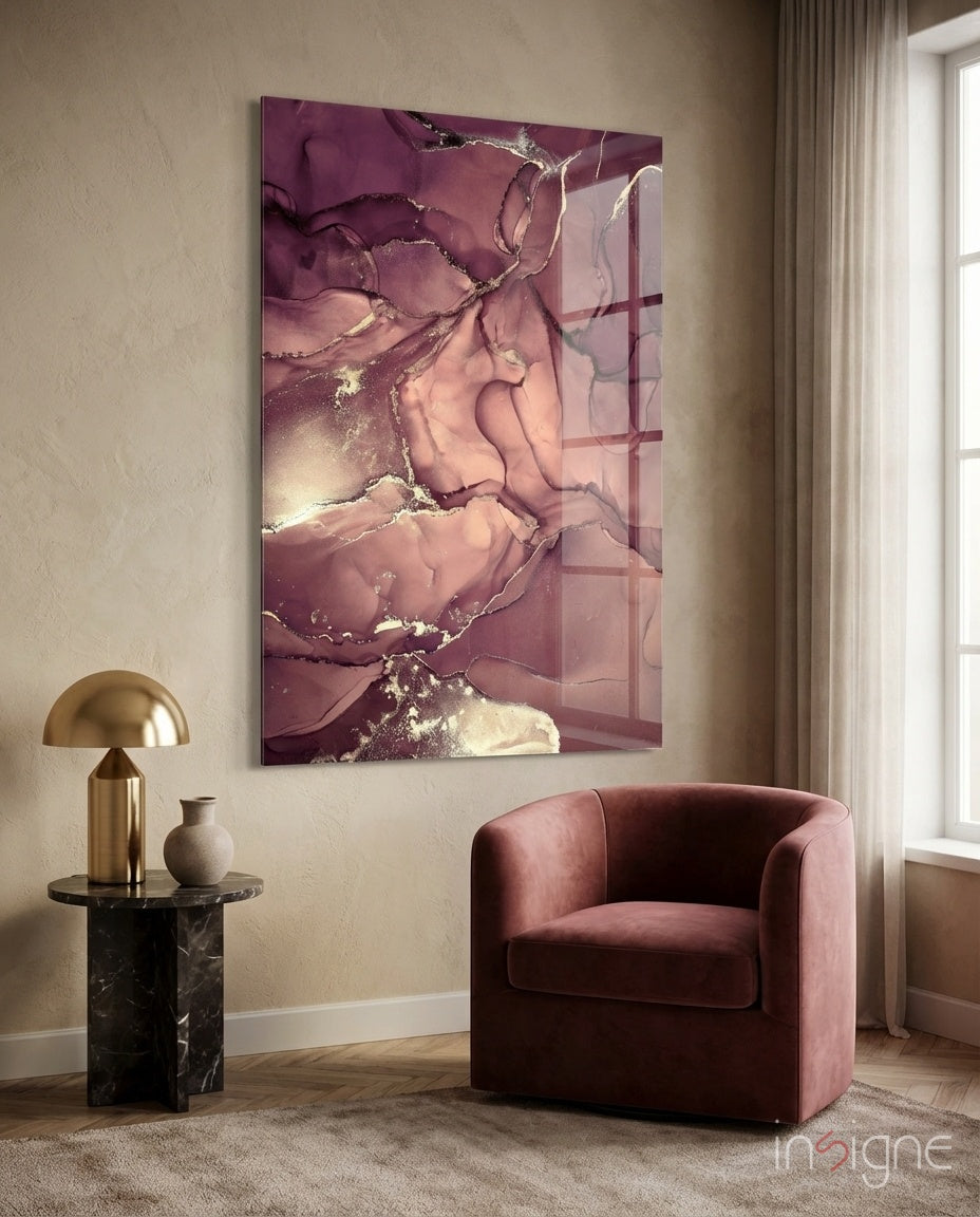 Mauve Pink Gold Veins Glass Wall Art