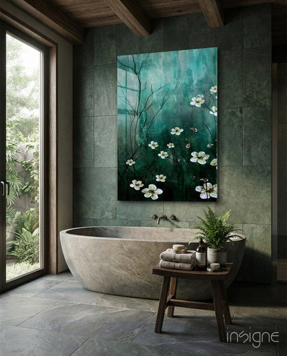 Emerald Green Misty Blossom Branch Glass Wall Art