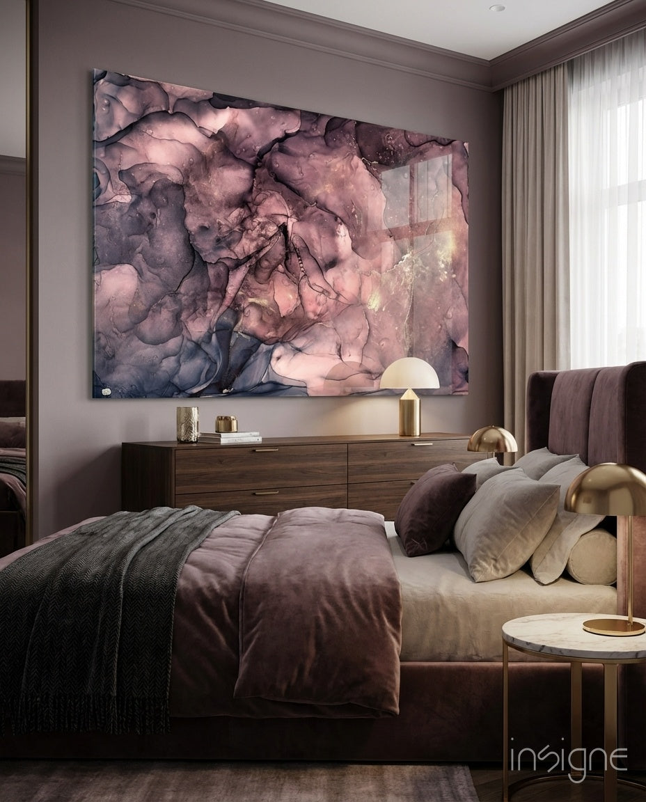 Dusky Mauve Ink Flow Glass Wall Art