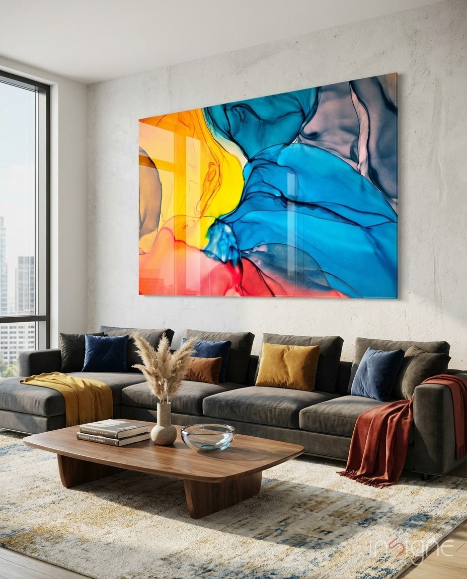 Blue and Orange Ink Flow Glass Wall Art