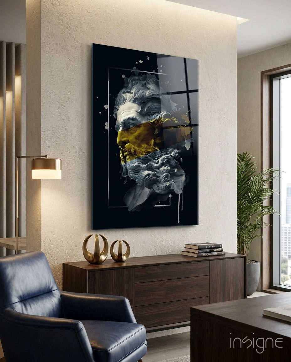 Gold Paint Stripe Poseidon Bust Glass Wall Art