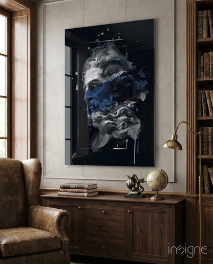 Navy Blue Paint Stripe Poseidon Bust Glass Wall Art