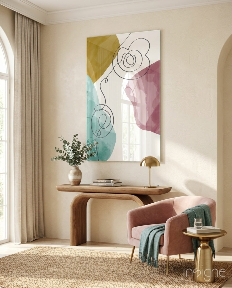 Mustard Teal Pink Scribble Loops Glass Wall Art