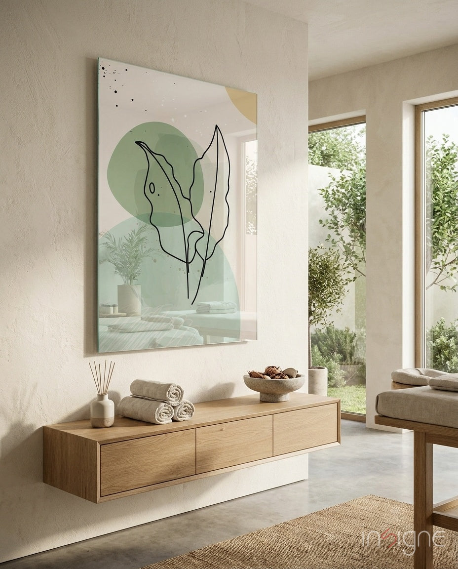 Twin Leaves Sage Green Line Glass Wall Art
