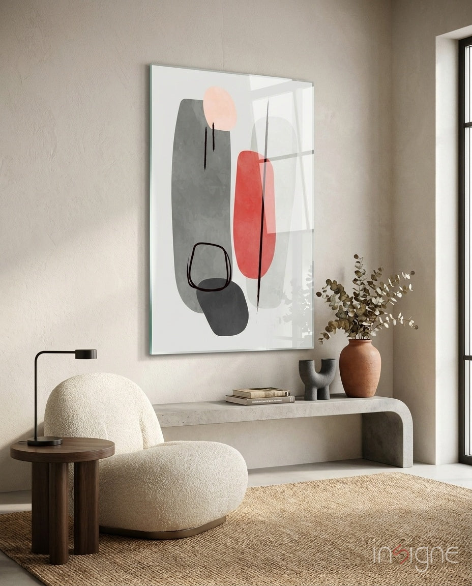 Grey Red Pebble Ovals Line Loops Glass Wall Art