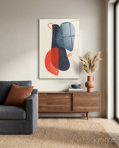 Navy Blue Red Scribble Blobs Glass Wall Art