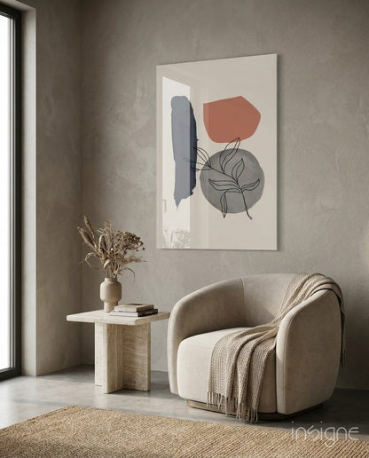 Navy Brush Leaf Grey Circle Glass Wall Art