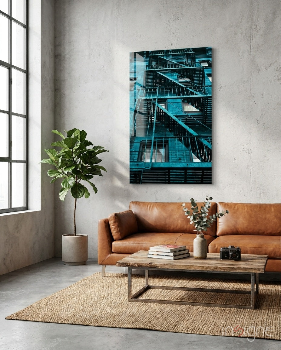 Blue Stairs Glass Wall Art