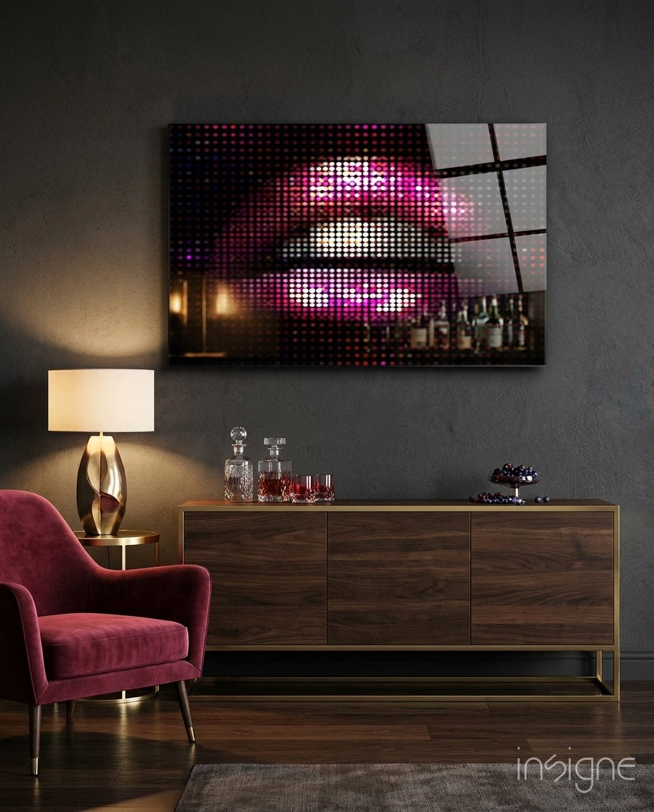 Pink Disco Dot Pixel Lips Glass Wall Art