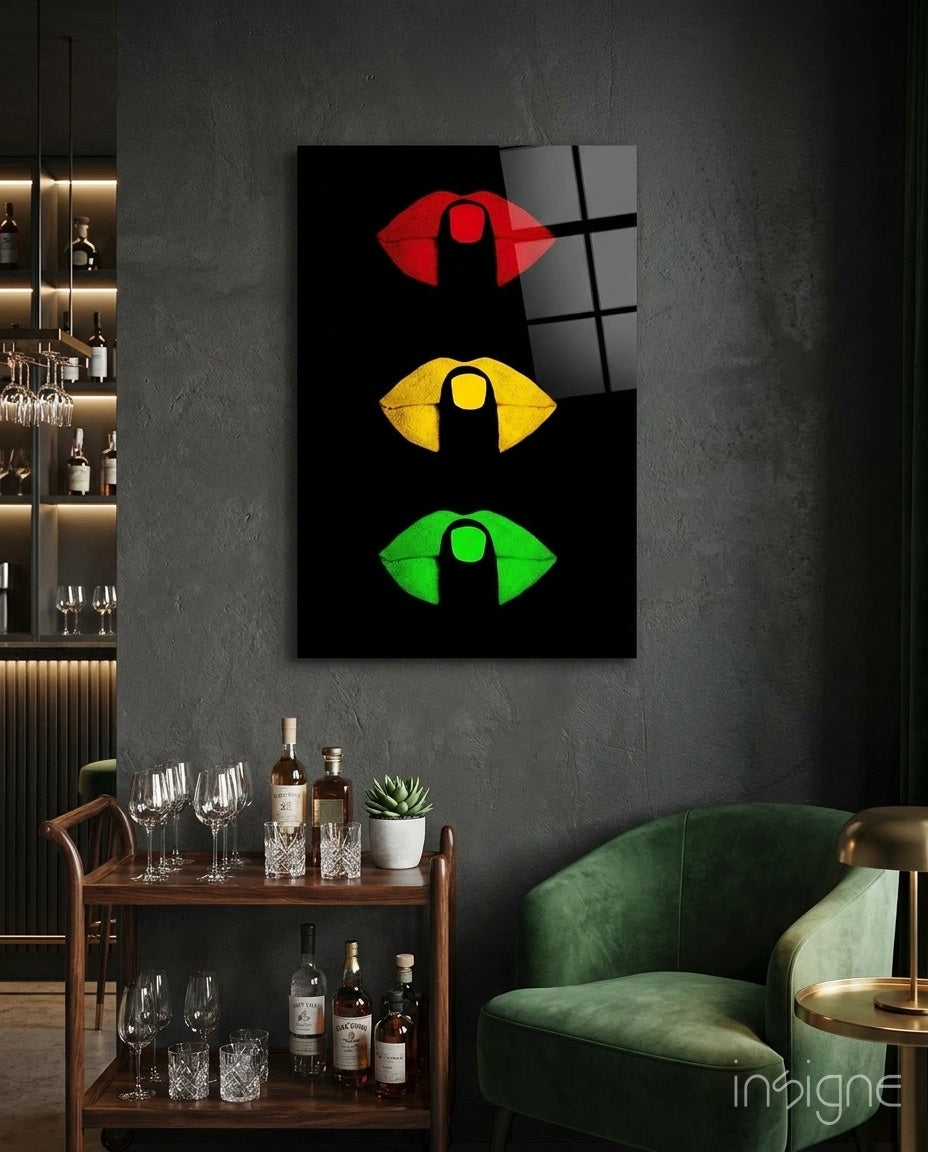 Traffic Light Lips On Black Glass Wall Art